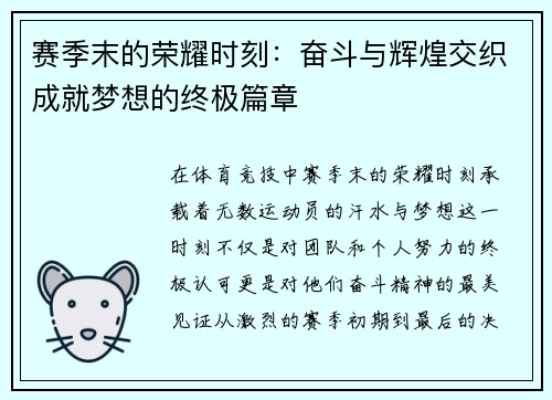 赛季末的荣耀时刻：奋斗与辉煌交织成就梦想的终极篇章